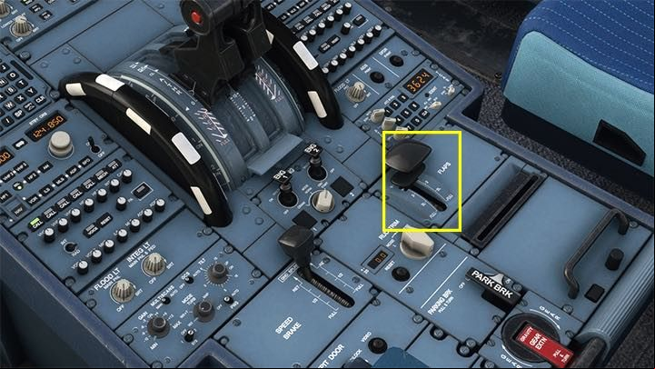 Set the FLAPS to the starting position (usually 1 for long runways, higher when its short) - Microsoft Flight Simulator: Taxiing and take-off of a enger aircraft - Example flight - Microsoft Flight Simulator 2020 Guide