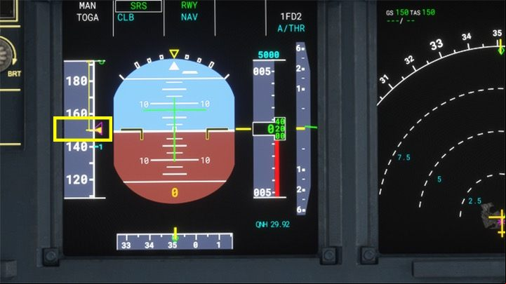 The pink triangle on the speed indicator indicates the calculated speed from the computer Vr that is, to lift up - Microsoft Flight Simulator: Taxiing and take-off of a enger aircraft - Example flight - Microsoft Flight Simulator 2020 Guide