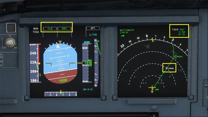The correct operation of the Autopilot is confirmed by the NAV and CLB (Climb) messages on the PFD monitor and the fact that the aircraft began to turn towards the next navigation point - Microsoft Flight Simulator: Taxiing and take-off of a enger aircraft - Example flight - Microsoft Flight Simulator 2020 Guide