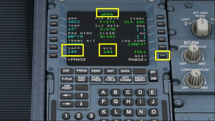 Click Next Phase on MCDU up to the landing approach screen APPR to check the flight computers calculated landing speed - Microsoft Flight Simulator: ILS landing - enger aircraft - Example flight - Microsoft Flight Simulator 2020 Guide