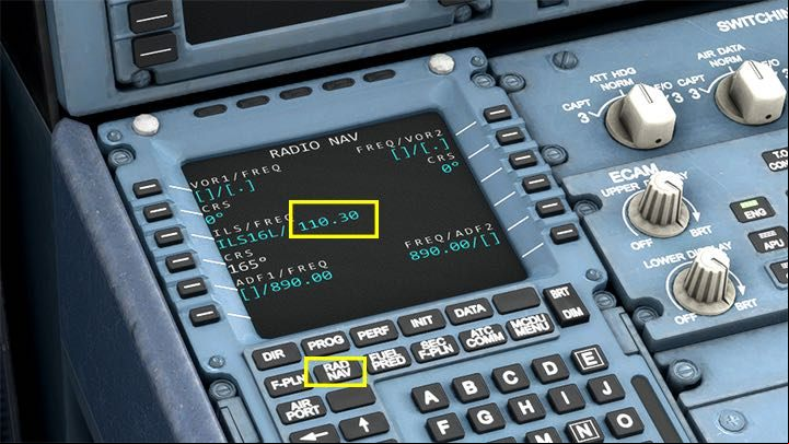 In the NAV SERIES tab of MCDU, that the system frequency is ILS for the selected landing runway - Microsoft Flight Simulator: ILS landing - enger aircraft - Example flight - Microsoft Flight Simulator 2020 Guide