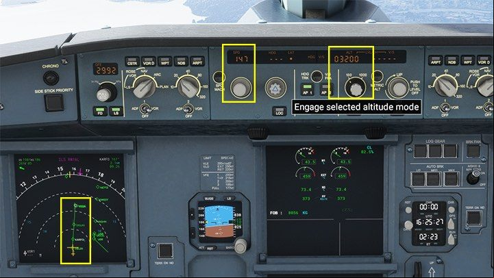Just before the HELZR point, set the altitude for the next point, which is 3200 feet for KARFO - Microsoft Flight Simulator: ILS landing - enger aircraft - Example flight - Microsoft Flight Simulator 2020 Guide