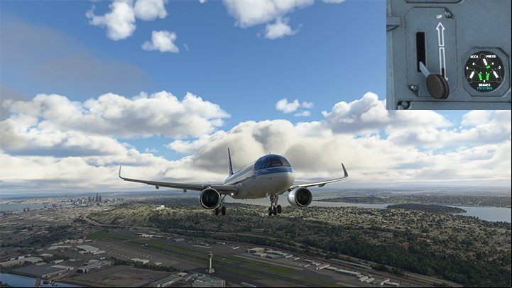 At a distance of 9 miles (minimum 7 miles) from the runway, slide the chassis out with the G key on the keyboard or a lever in the middle of the instrument - Microsoft Flight Simulator: ILS landing - enger aircraft - Example flight - Microsoft Flight Simulator 2020 Guide