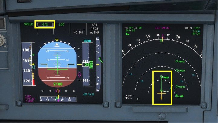 Just before the last navigation point - DGLAS the aircraft intercepted the ILS signal and began descent along the glide slope - Microsoft Flight Simulator: ILS landing - enger aircraft - Example flight - Microsoft Flight Simulator 2020 Guide