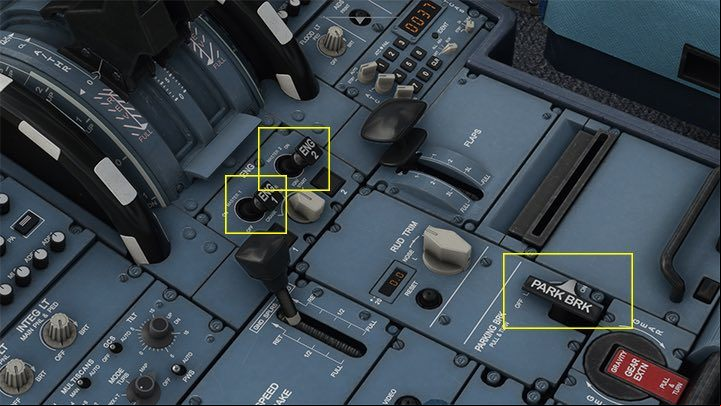 It remains only to tighten the parking brake PARK BRK and shut down the engines by pointing both levers down - Microsoft Flight Simulator: ILS landing - enger aircraft - Example flight - Microsoft Flight Simulator 2020 Guide