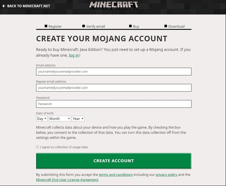 The registration process - Minecraft: How to purchase Minecraft? - FAQ - Minecraft Guide