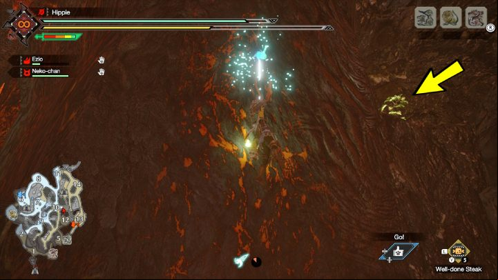 The seventh Old Message is located on a rock shelf, underground, between areas 10 and 12 - Monster Hunter Rise: Old Messages - Lava Caverns, collectibles, map - Lava Caves - Monster Hunter Rise Guide