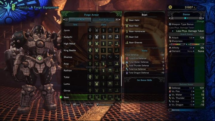 Baan Armor - stats and resistances - Armors - Low Rank in Monster Hunter World - Workshop - Monster Hunter World Game Guide