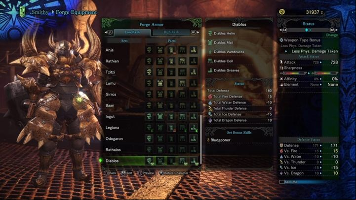 Diablos Armor - stats and resistances - Armors - Low Rank in Monster Hunter World - Workshop - Monster Hunter World Game Guide