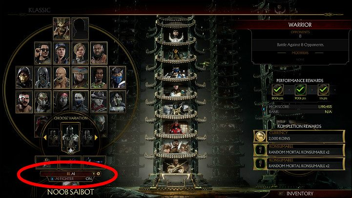 Before going to a fight, select the right character variant and turn on the AI Behavior you selected - How to create an AI bot in Mortal Kombat 11? - Basics - Mortal Kombat 11 Guide and Tips