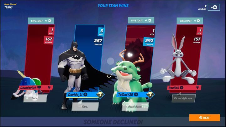 You can give toasts to each of the players, provided you have them - MultiVersus: Toasts - what are they for? - FAQ - MultiVersus Guide