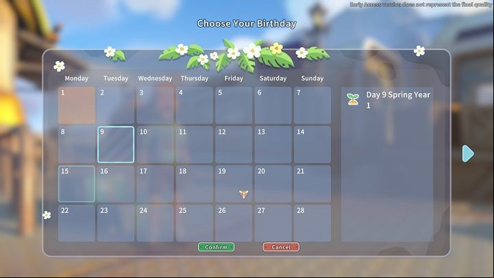 The final step of character creation is choosing the character's birthday - My Time at Sandrock: Character Creation - Basics - My Time at Sandrock Guide, Walkthrough