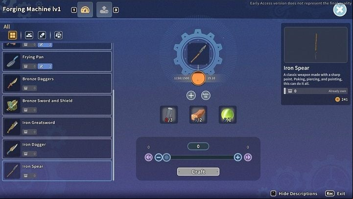 From now on, you can craft Bronze and Iron weapons - My Time at Sandrock: Weapons and Combat - Basics - My Time at Sandrock Guide, Walkthrough