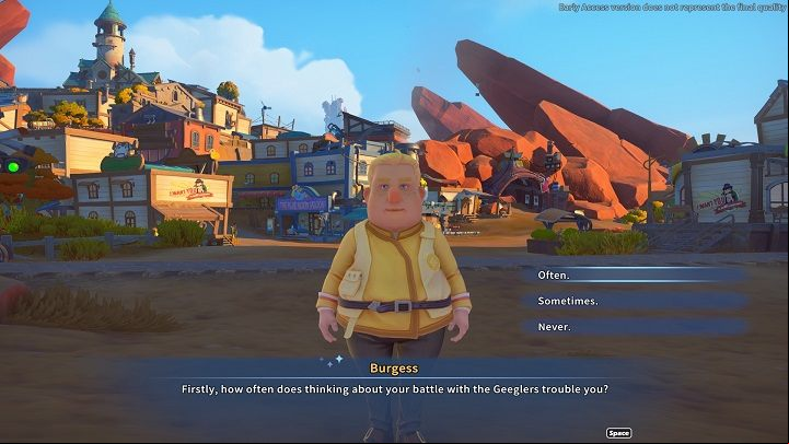 The survey consists of 3 questions and is about your mental condition after the Geegler attack - My Time at Sandrock: Practice What You Preach story mission - walkthrough, solution - Main missions - My Time at Sandrock Guide, Walkthrough