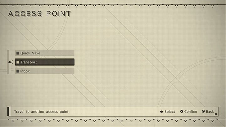 To use fast travel, you must interact with any Access Point and select Transport - NieR Automata: Fast travel - how to unlock and use? - FAQ - NieR Automata Guide