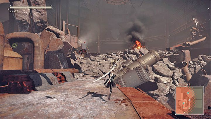 Explore the area and get to the destroyed walls of one of the buildings - NieR Automata: Bunker - walkthrough, side missions - Side missions - NieR Automata Guide