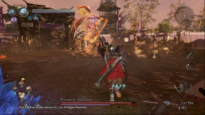 The blue form, on the other hand, specializes in ranged attacks with a frosty bow - NiOh 2: Ryomen Sukuna boss fight - Bosses - NiOh 2 Guide