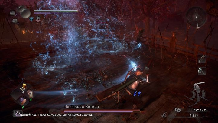He can also use a Burst Attack during which he jumps into the air, attacks you with the kusarigama, then performs the third attack while landing on the ground - NiOh 2: Hachisuka Koroku boss fight - Bosses - NiOh 2 Guide