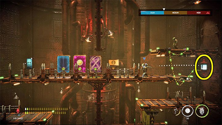 When you reach the top of the Overlook Tower, you will find a recycling machine for empty bottles and 2 vending machines - they allow you to pick up Rock Candy and Rubberbands for free - Oddworld Soulstorm: Sneak into the Overlook Tower, Slig Barracks - walkthrough - 9: Slig Barracks - Oddworld Soulstorm Guide