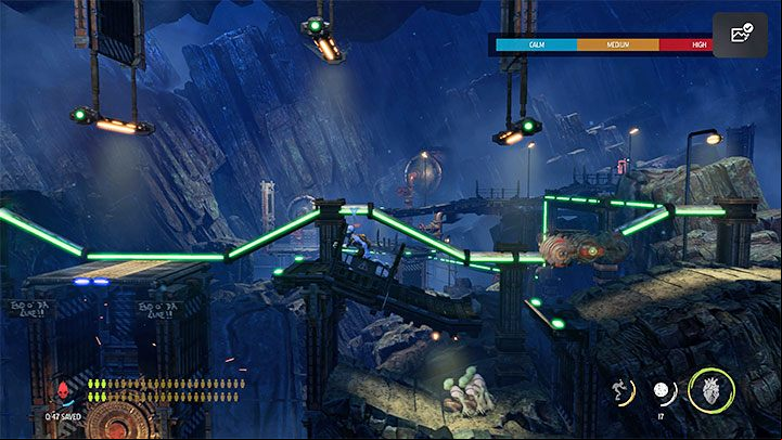 We reach the mobile platform, on which we can go into the depths of the screen - Oddworld Soulstorm: Descent to Level 2, The Mines - guide, walkthrough description - 11: The Mines - Oddworld Soulstorm Guide