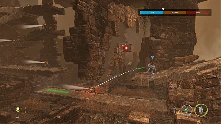 You'll encounter a single Slig to the left of the checkpoint, but we can not use the possession, because chanting is blocked by the Chant Suppressor - Oddworld Soulstorm: Finding other Mudokons, the Ruins - walkthrough - 2: The Ruins - Oddworld Soulstorm Guide