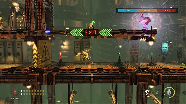 On the upper level, you need to sneak and rely on hiding in lockers - Oddworld Soulstorm: Reaching the Fueling Tower, Phat Station - walkthrough - 6: Phat Station - Oddworld Soulstorm Guide