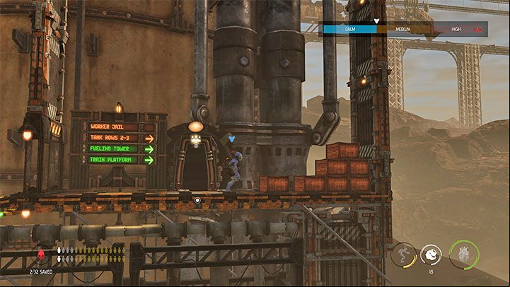 The main character will soon reach the new Work Wheel, but before you use it, make sure that no one is heading in your direction - Oddworld Soulstorm: Reaching the Fueling Tower, Phat Station - walkthrough - 6: Phat Station - Oddworld Soulstorm Guide