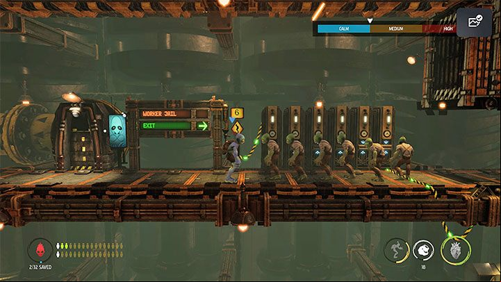 We return with the Mudokons to the starting area and use the Work Whistle to make them work and give them orders to use the posts here - Oddworld Soulstorm: Reaching the Fueling Tower, Phat Station - walkthrough - 6: Phat Station - Oddworld Soulstorm Guide