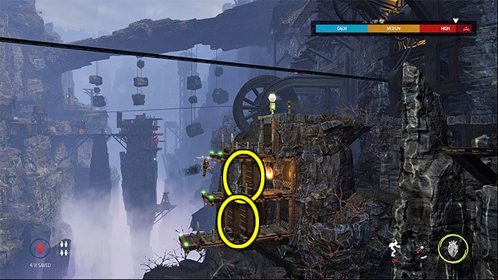 While crossing the canyon, it is advised to possess and keep alive a flying Slig with a rocket launcher - Oddworld Soulstorm: Crossing the valley on the lift, Sorrow Valley - walkthrough - 5: Sorrow Valley - Oddworld Soulstorm Guide