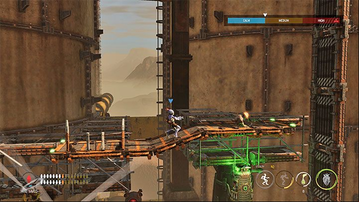 Leave the Sligs at the left end of the area with the opponents and move to the upper right platforms - Oddworld Soulstorm: Crossing the Tank Row 3D, Phat Station - walkthrough - 6: Phat Station - Oddworld Soulstorm Guide