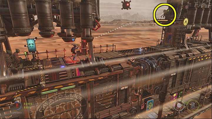 Another group of Mudokons can be released by pulling a lever by one of the checkpoints - Oddworld Soulstorm: Freeing Mudokons from the cars, the Hijack - walkthrough - 7: The Hijack - Oddworld Soulstorm Guide