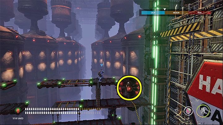 There are some Sligs armed with launchers on the higher shelves - Oddworld Soulstorm: Opening the 3rd gate, Brewery - walkthrough - 16: Brewery - Oddworld Soulstorm Guide