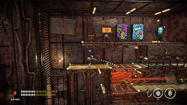 Get rid of a single Slig from the lower shelf in any way you want, and go to the very right to get the Royal Jelly, among other things - Oddworld Soulstorm: Furnace, Slig Barracks - walkthrough - 9: Slig Barracks - Oddworld Soulstorm Guide