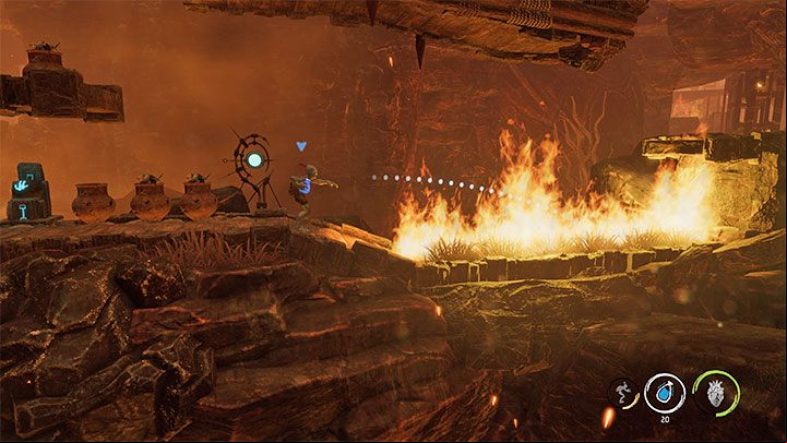 Next to the next checkpoint you will find the first interactive containers - you can examine them by pressing the square - Oddworld Soulstorm: Escape from the burning cave, The Raid on Monsaic - walkthrough - 1: The Raid on Monsaic - Oddworld Soulstorm Guide