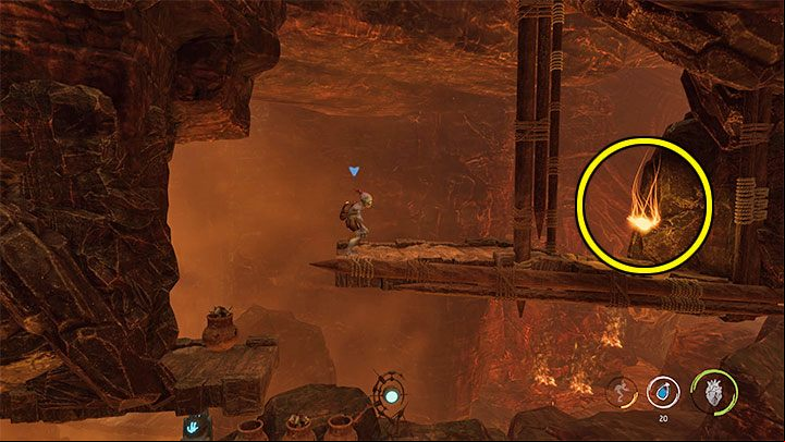 Before going down the extinguished path, you may want to jump to the upper platforms, namely those located above the checkpoint - Oddworld Soulstorm: Escape from the burning cave, The Raid on Monsaic - walkthrough - 1: The Raid on Monsaic - Oddworld Soulstorm Guide