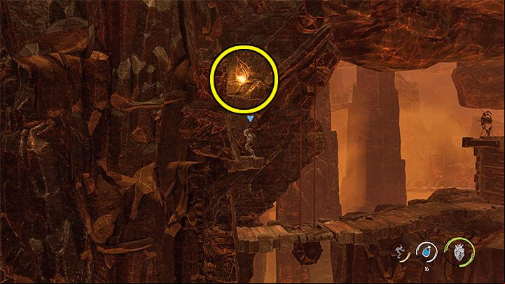 Stay where the elevator took you and jump to the ledges on the left - Oddworld Soulstorm: Escape from the burning cave, The Raid on Monsaic - walkthrough - 1: The Raid on Monsaic - Oddworld Soulstorm Guide