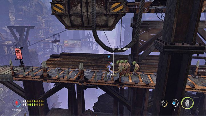 The sixth sick Mudokon is located on one of the upper platforms - Oddworld Soulstorm: Healing sick Mudokons, the Funicular - walkthrough - 4: The Funicular - Oddworld Soulstorm Guide