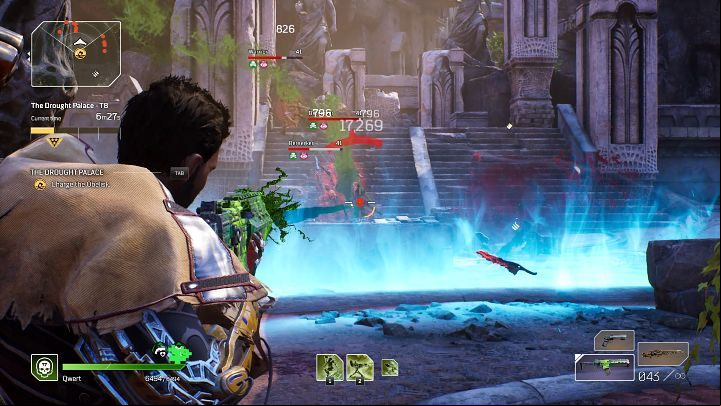 In this stage of The Drought Palace Expedition you need to stand in the area marked in blue to charge the obelisk, which will open the age to the rest of this location - Outriders: The Drought Palace - walkthrough - Expeditions - Outriders Guide