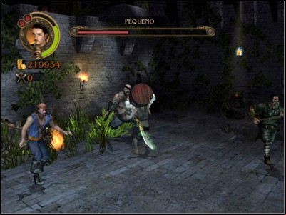 If you dont manage to knock Pequeno off in time, brace for the impact wave caused by his fall - Sizing Up the Trouble - Missions - Pirates of the Caribbean: Legend of Jack Sparrow - Game Guide and Walkthrough