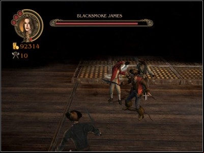 After you deal sufficient damage to him, the smokescreen will subside - get as much damage as you can before the smokescreen is deployed again - Where There' Fire, There's Blacksmoke - Missions - Pirates of the Caribbean: Legend of Jack Sparrow - Game Guide and Walkthrough