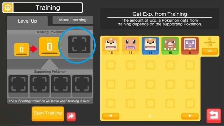 If you want to develop the level of your hero you have to place them at the top spot, next to the mark with the levels - How to train the pokemon in Pokemon Quest? - Pokemon training - Pokemon Quest Game Guide