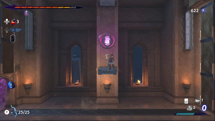 In the right chamber, grab the purple element with the Dimension Claw, then throw it into the opening above - Prince of Persia The Lost Crown: How to solve the puzzle in the Upper City? - FAQ - Prince of Persia The Lost Crown Guide