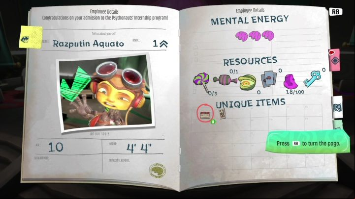 You will get access to the log, where you will find the mission names, objectives, information about the character status, the number of collectibles, etc - Psychonauts 2: The Motherlobe - walkthrough - Walkthrough - Psychonauts 2 Guide