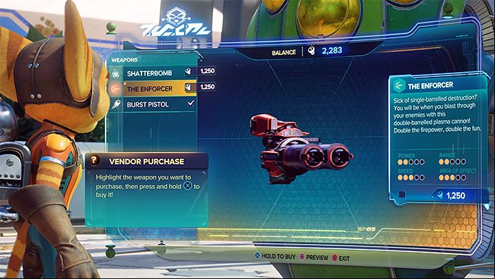 The Enforcer costs 1,250 bolts - Ratchet & Clank Rift Apart: Weapons - List - Basics - Ratchet & Clank Rift Apart Guide
