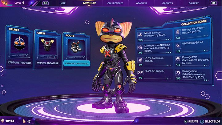 The current bonuses from the collections you've gathered are displayed in the armor menu - Ratchet & Clank Rift Apart: Stat boosts - how to get them? - FAQ - Ratchet & Clank Rift Apart Guide