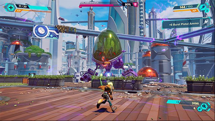 You can attack Nefarious with any of your weapons, with Multi-shot allowing you to fire from a greater distance - Ratchet & Clank Rift Apart: Pursue Dr. Nefarious - walkthrough - Prologue - Corson V - Ratchet & Clank Rift Apart Guide