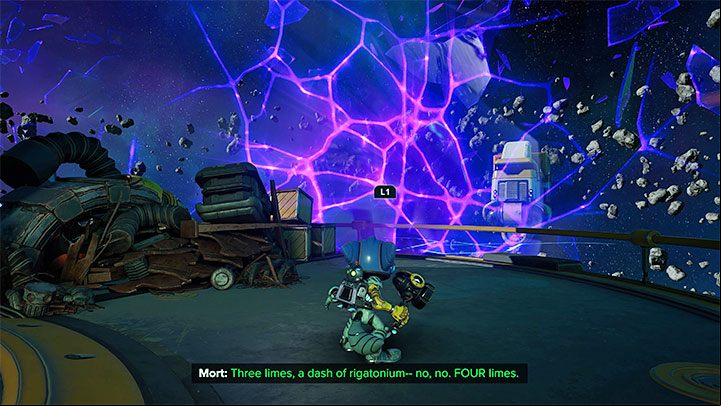 Return to the main platforms and explore the eastern area - you will discover the Pocket Dimension shown in the image - Ratchet & Clank Rift Apart: Finding Zurkie in the Gastropub - walkthrough - Scarst Debris Cloud - Ratchet & Clank Rift Apart Guide