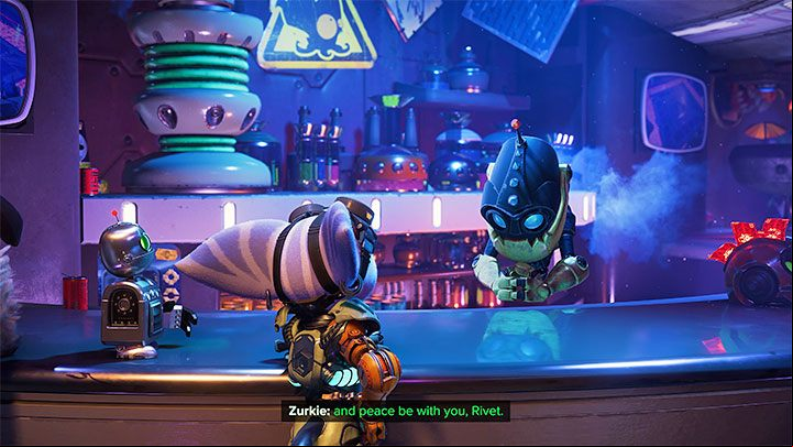 Choose the portal leading to the Gastropub - Ratchet & Clank Rift Apart: Finding Zurkie in the Gastropub - walkthrough - Scarst Debris Cloud - Ratchet & Clank Rift Apart Guide