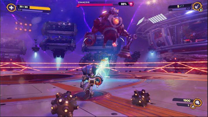 Like the Nefarious City destroyer, Francois can make long jumps - Ratchet & Clank Rift Apart: Defeat the monsters and Francois in the arena - walkthrough - Scarst Debris Cloud - Ratchet & Clank Rift Apart Guide