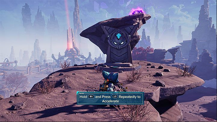 While in flight, pull yourself to the gap marked in picture 1 - Ratchet & Clank Rift Apart: Gaining Lombax Lore - walkthrough, shrines - Savali - Ratchet & Clank Rift Apart Guide